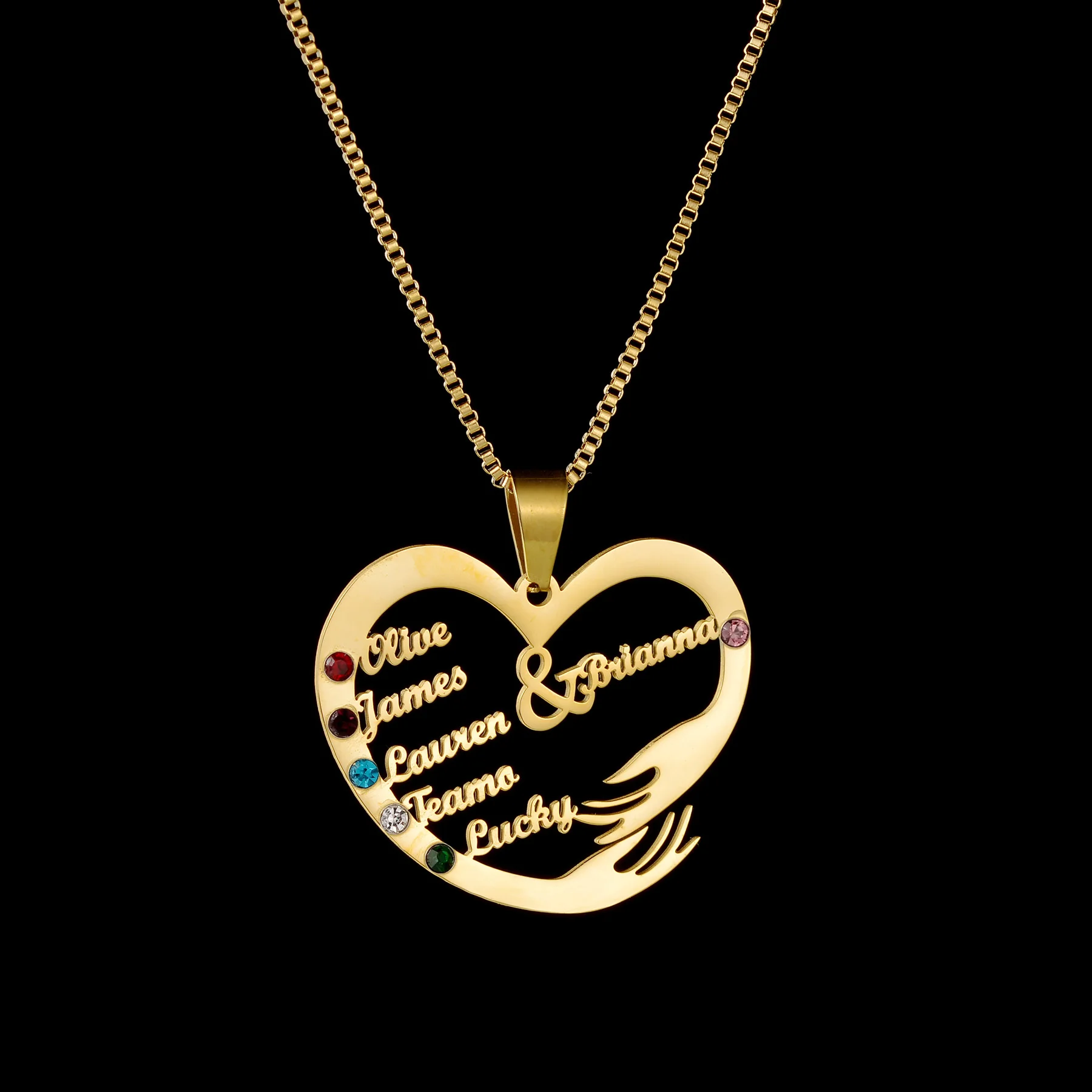 Akizoom Custom Name Necklace Stainless Steel Heart Hand Hug Couple Detachable Pendant Box Chain Necklaces for Women Jewelry Gift