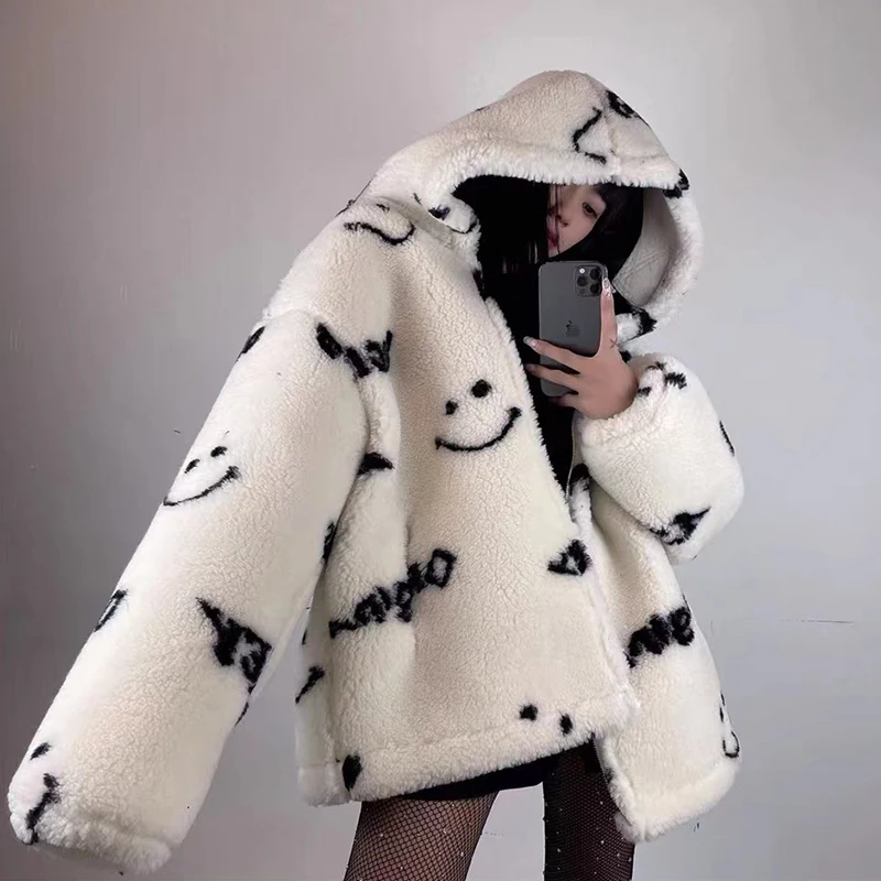 Jackets for Women 2023 Winter Cashmere Chic Printing Hooded Fashion Street Outerwear Sweet Casual College Women\'s Jacket Coat