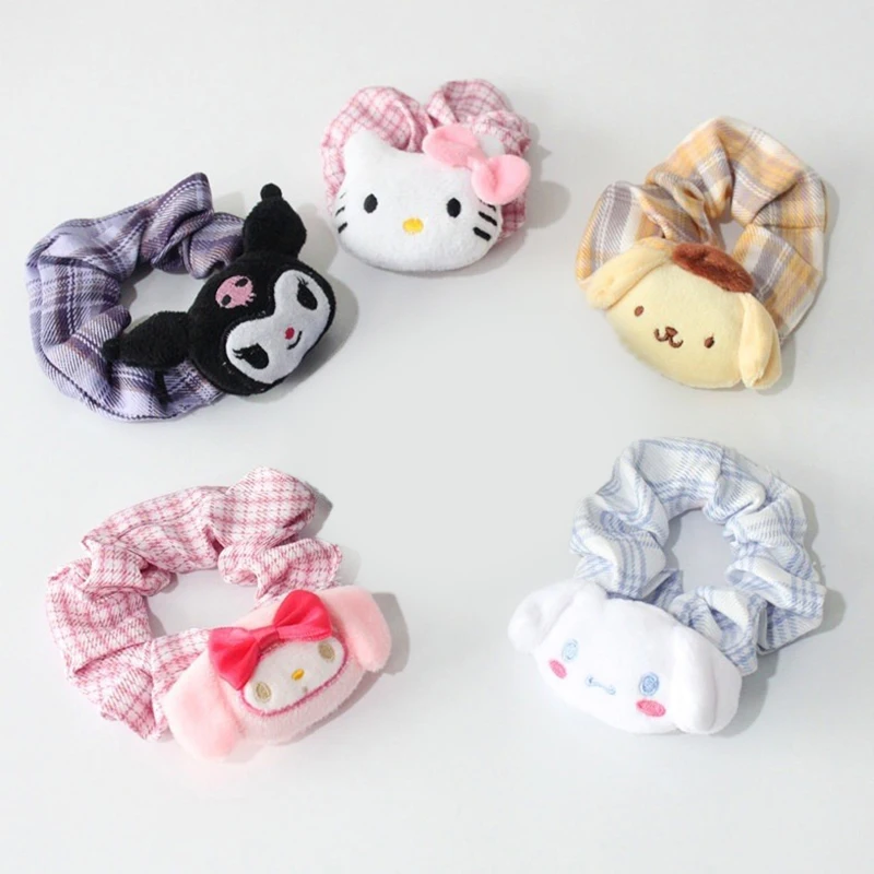 

Kawaii Sanrio Checkered Scrunchie Cartoon Cinnamoroll Kuromi Hello Kitty Hair Rope JK Headwear For Girls Headband Accessories