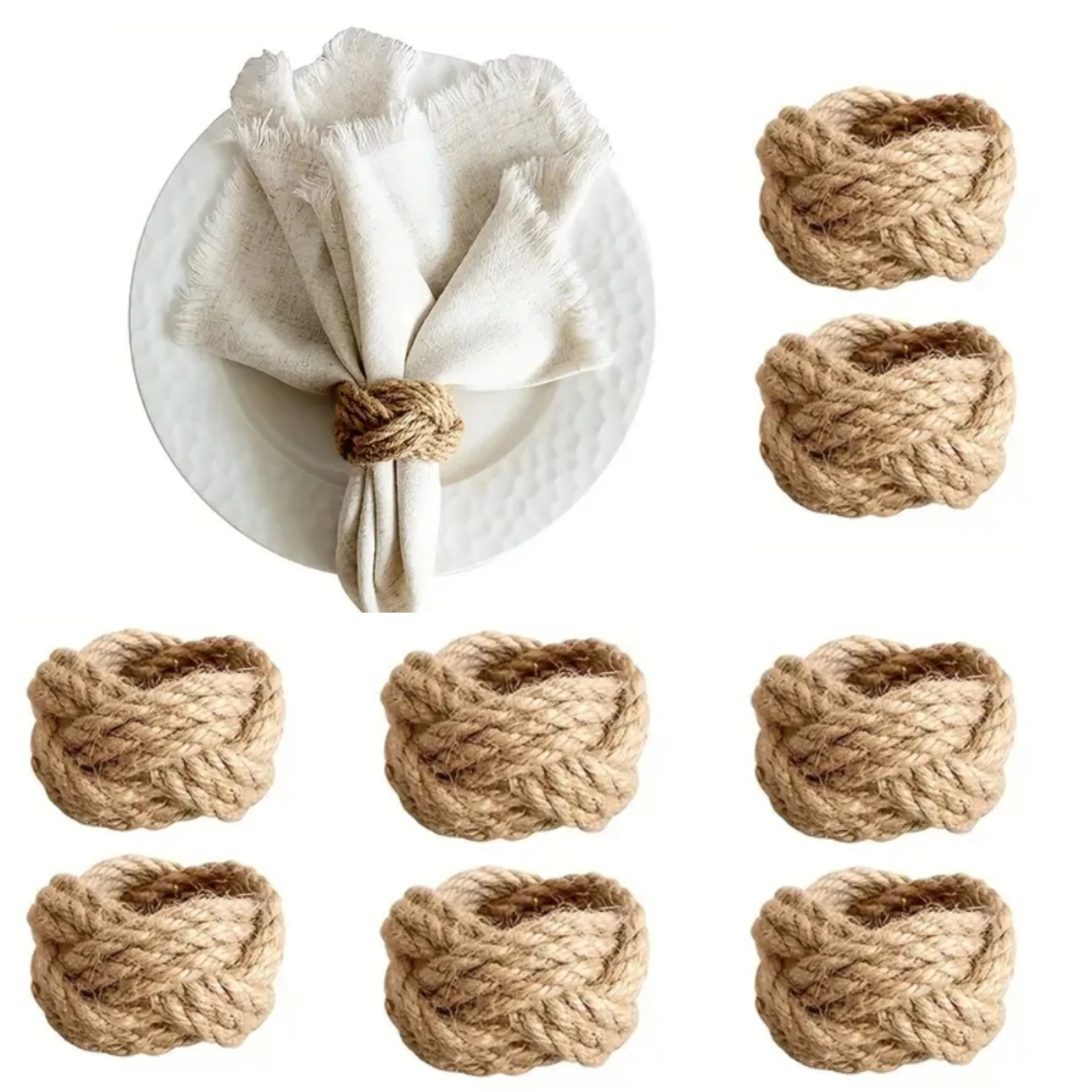 Juego de servilletas trenzadas de lino de 8 piezas, servilletero de yute trenzado hecho a mano con forma de flor, adecuado para mesa de comedor, servilleta náutica