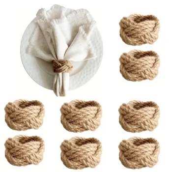 8Pcs Linen Braided Napkin Ring Set, Handmade Braided Flower Shaped Jute Napkin Ring,…