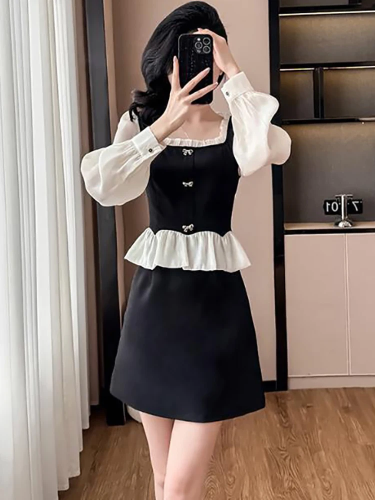 Autumn Winter Black Patchwork White Ruffled Mini Dress Women Long Sleeve Square Collar Dress 2026 Korean Vintage Hepburn Dresses