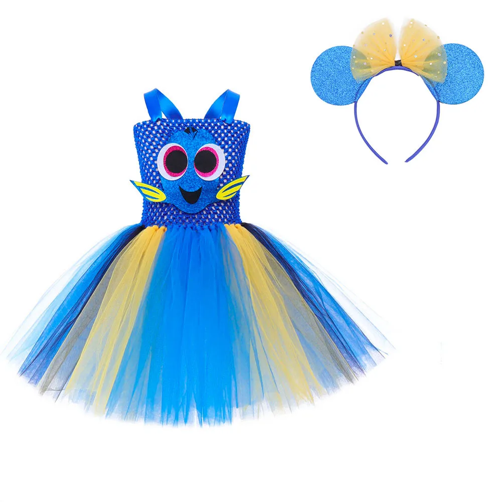 Girls Cartoon Fish Costume Set Kids Tulle Party Dresses+Hairband Blue Fish Halloween Cosplay Outfit for 2-12Y
