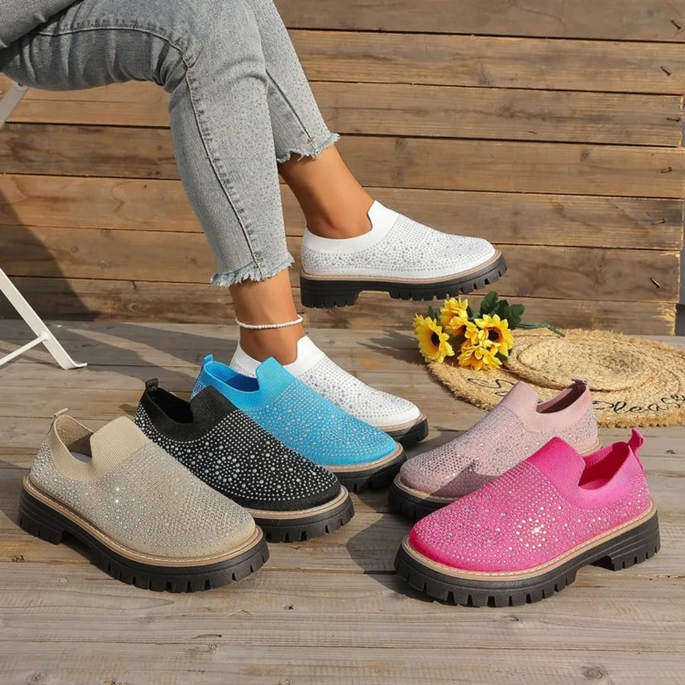 

New Women's Full Rhinestone Slip-On Platform Sneakers Shiny Glitter Chunky Sole Breathable Casual Party Shoes Multiple Colors
