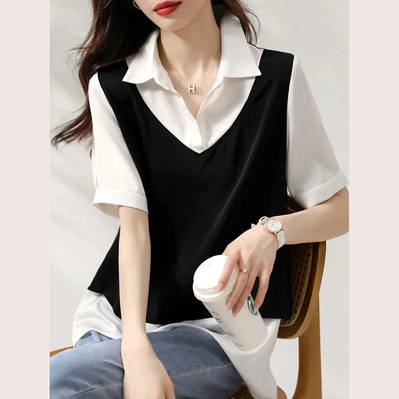 

Fashion Lapel Spliced Irregular Fake Two Piece Blouse Women's Clothing 2023 Summer New Oversized Casual Tops Asymmetrical Shirt