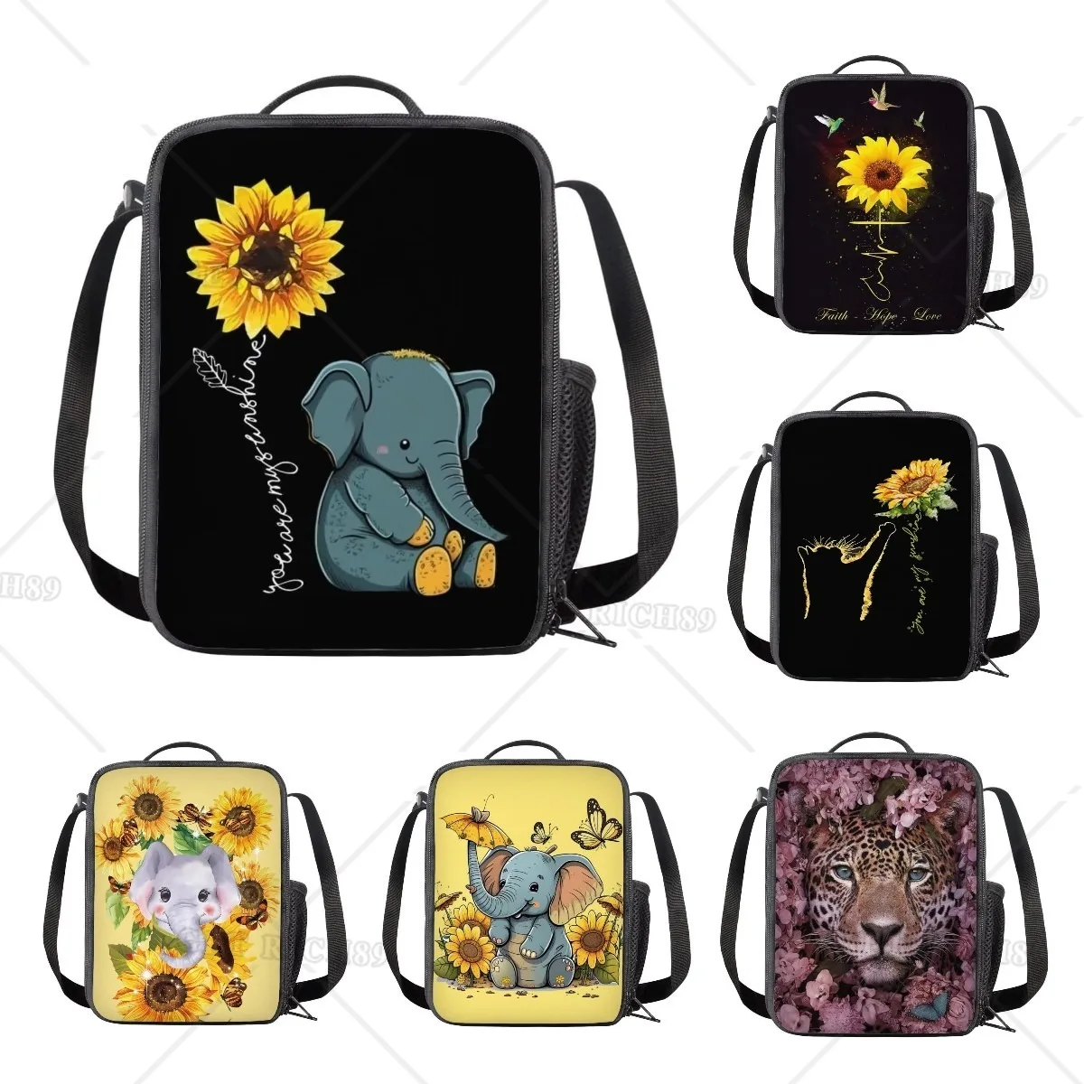 Animals Sunflower Elephant Lunch Bag for Adults Kids Girls Boys Lunch Box Insulated Lunch Box Reusable Tote Bags Picnic Workout