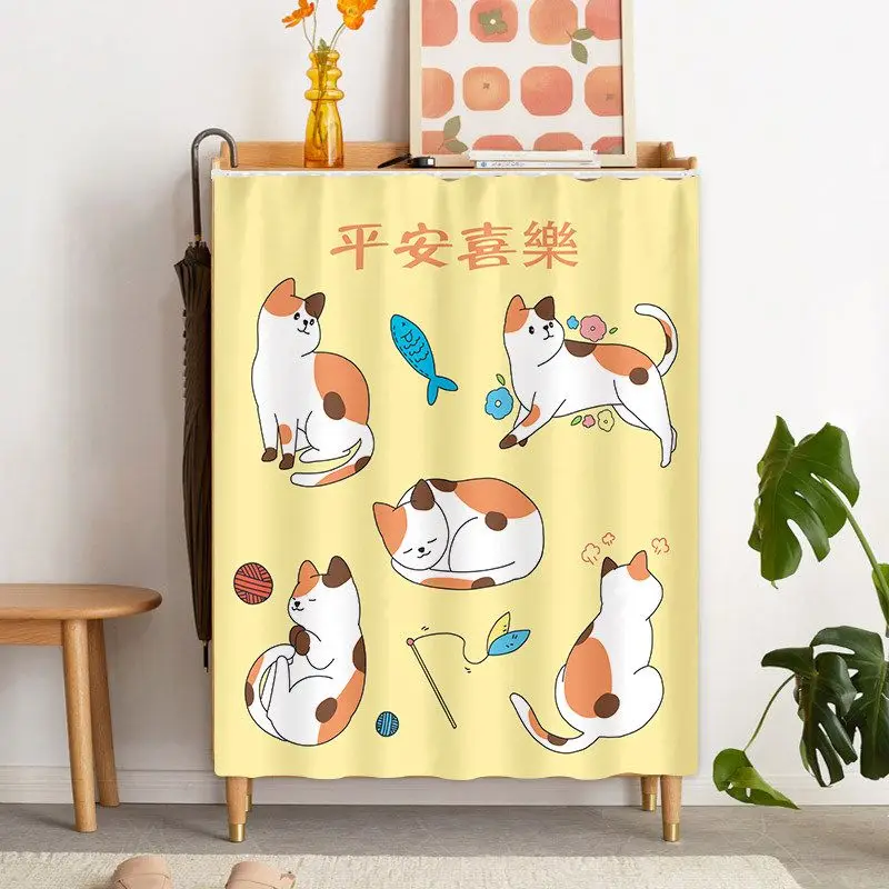VIKAMA Lucky Cats Cabinet Curtain Orange White Cat Print Peace Blessing Shelf Dust Cover Cute Kawaii Home Decor Aesthetic
