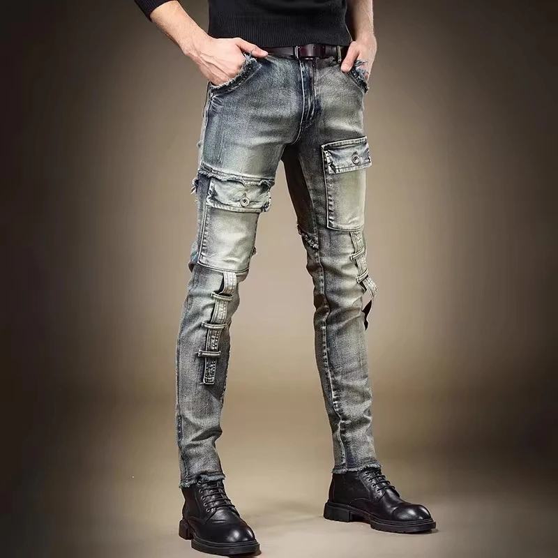 American New Fashion Vintage Men's Washed Casual Trendy Skinny Multi Pocket Spliced Denim Trousers Male Jeans Pants Streetwear