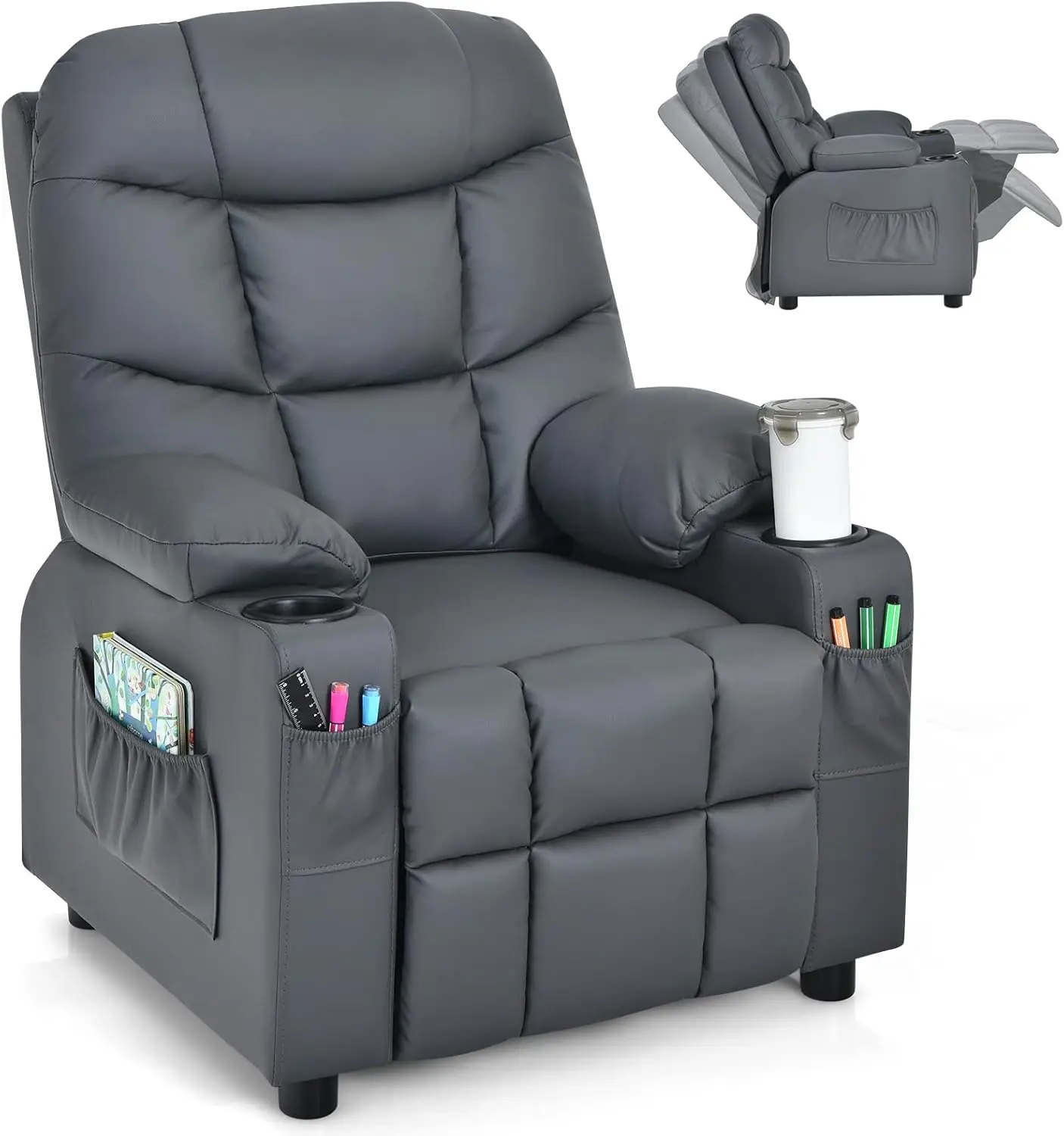 Recliner Chair with Cup Holder, Adjustable Lounge Chair w/Footrest & Side Pockets for Children Boys Girls Room, Ergonomic Toddle