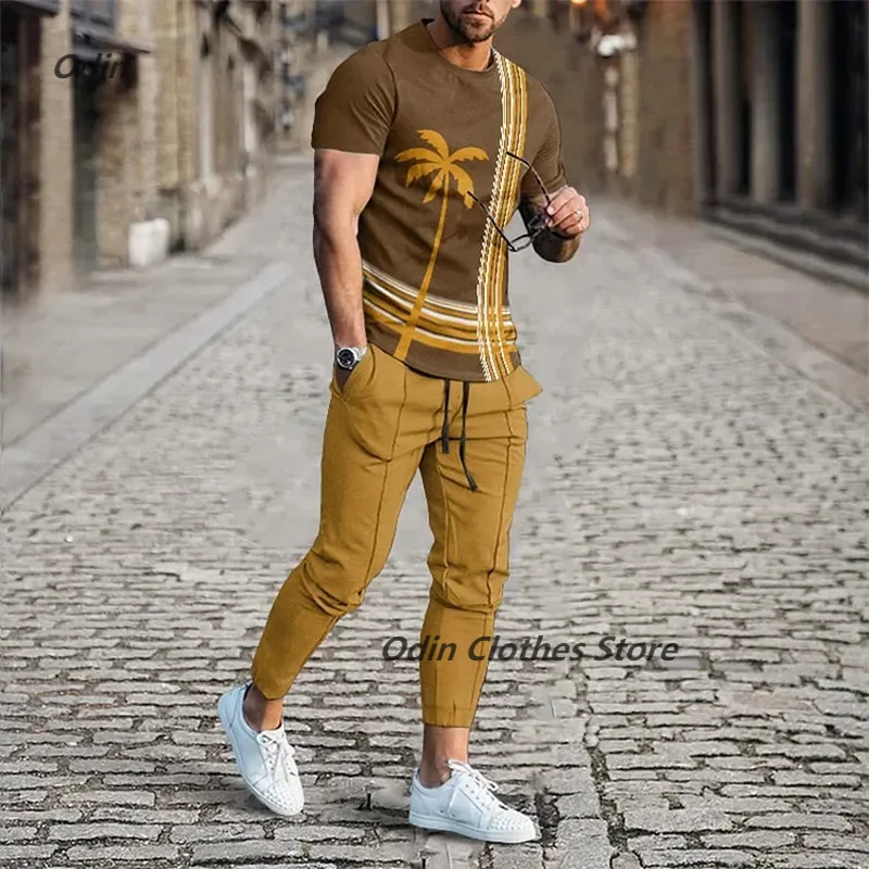 Nowa dostawa hawajskie spodnie męska koszulka dres drzewo kokosowe T-shirty z nadrukiem 3D zestaw 2 sztuk Streetwear za duże garnitury