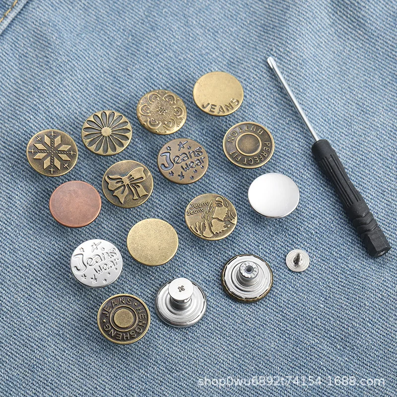 10Pcs Metal Jeans Buttons 17mm Replacement No-Sewing Screw Button Repair Kit Nailless Removable Jean Buckles Clothing Pants Pins