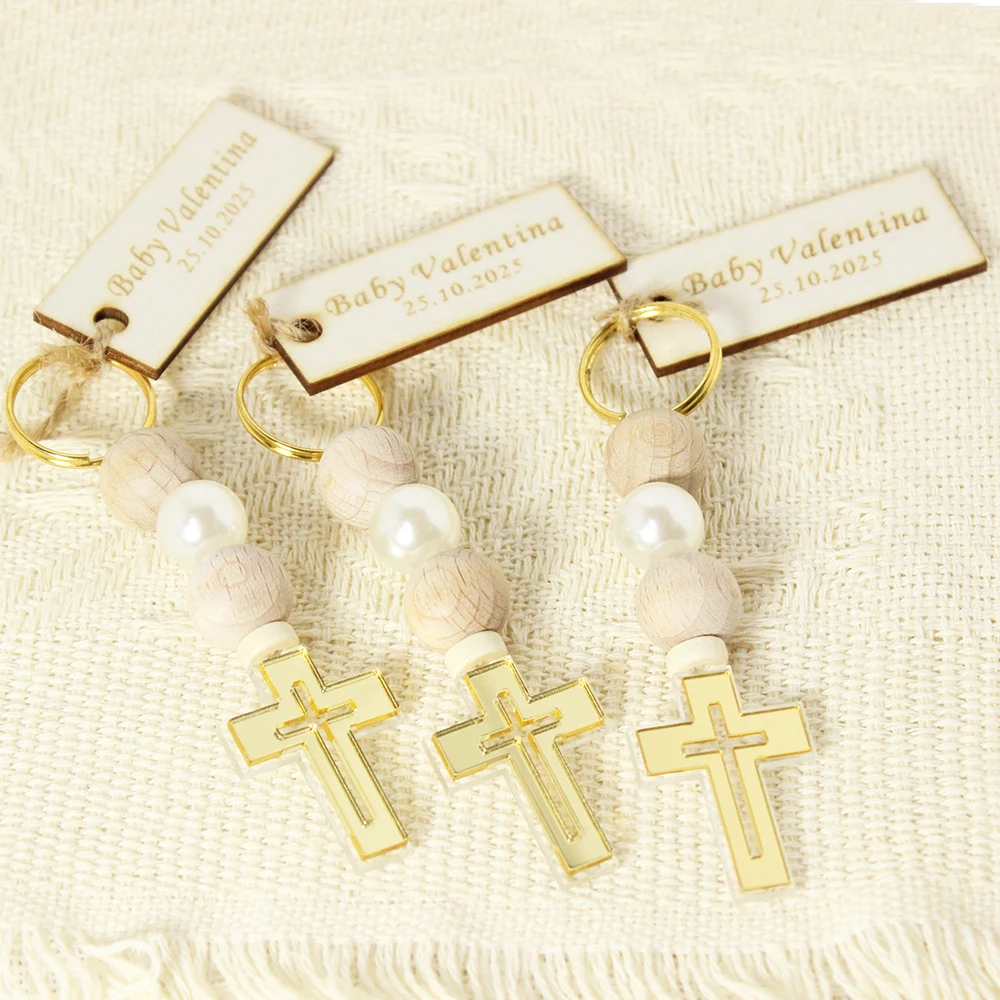 12/40/100Pcs Personalized Cross Keychain,Baptism Favors for Guests,Bautizo Keepsakes, Baptism Guest Gift，Wooden Name Tags