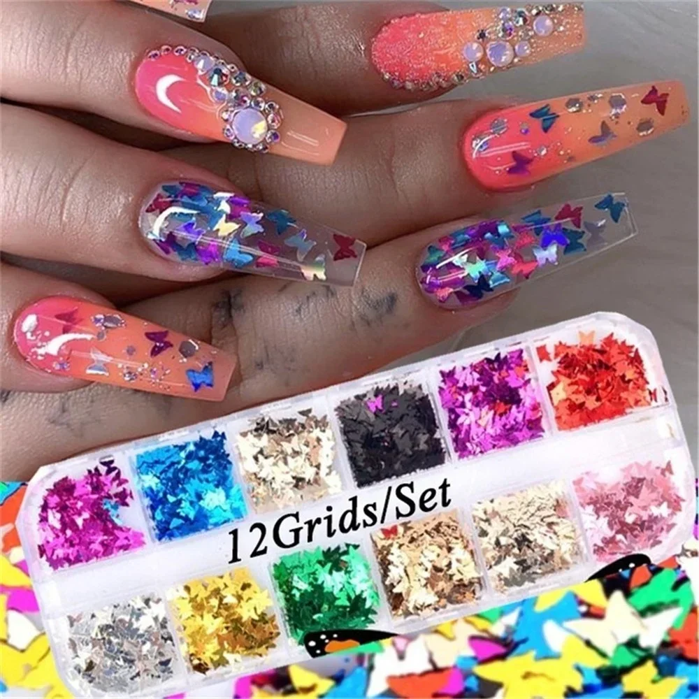 12 grades/conjunto de lantejoulas borboleta para unhas