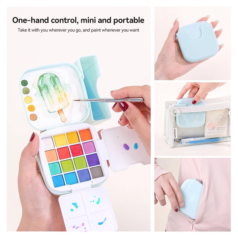 LANGUO 16Colors Solid Watercolor Paint Set Basic Macaron Glitter Watercolor Pigments Graffiti Tool Portable Case Complete Kit