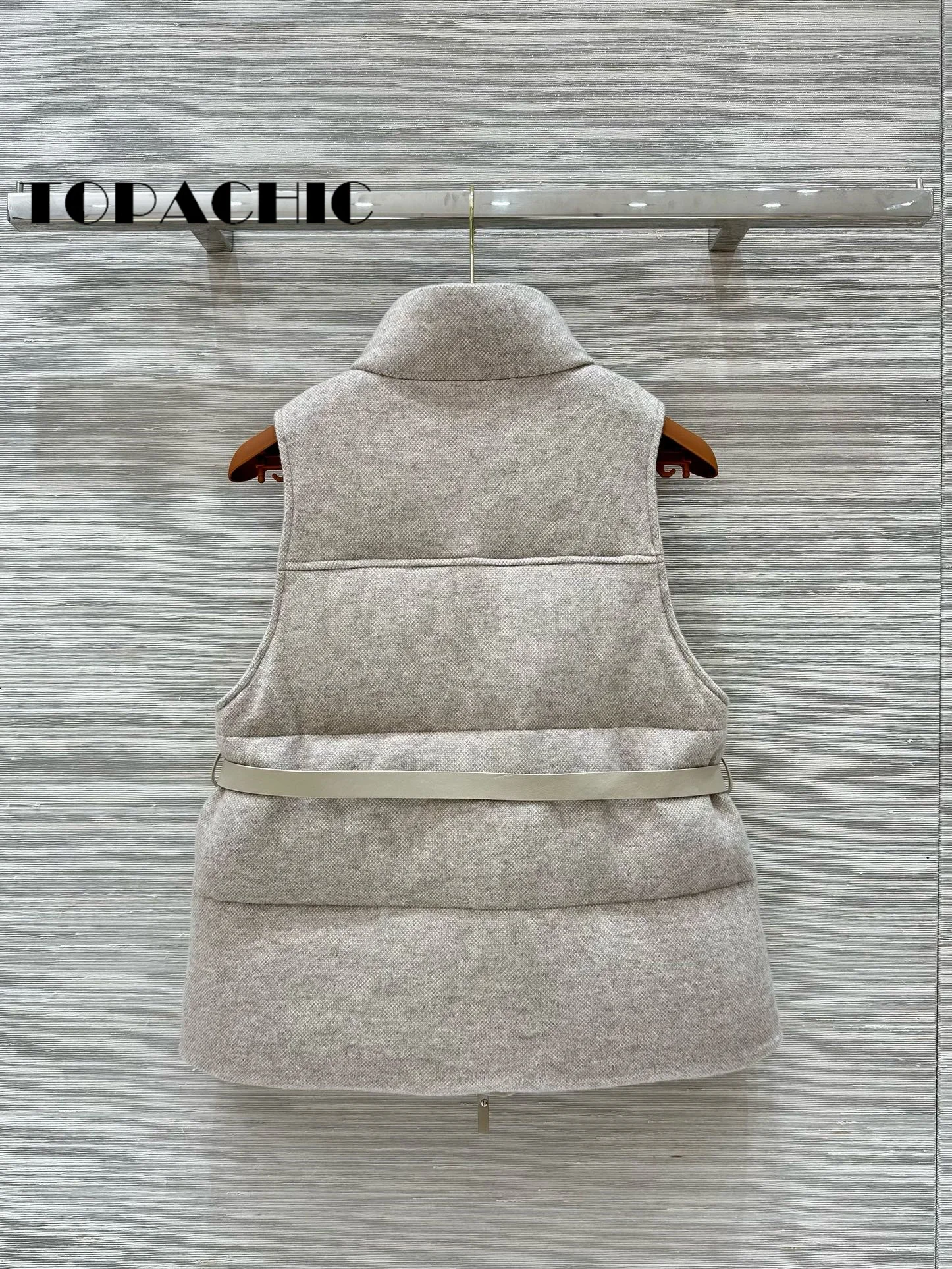 9.9 TOPACHIC-Women Wool Goose Down Vest With Real Leather Sashes  Sequins Cashmere Knit Keep Warm Down Zipper Vest Coat