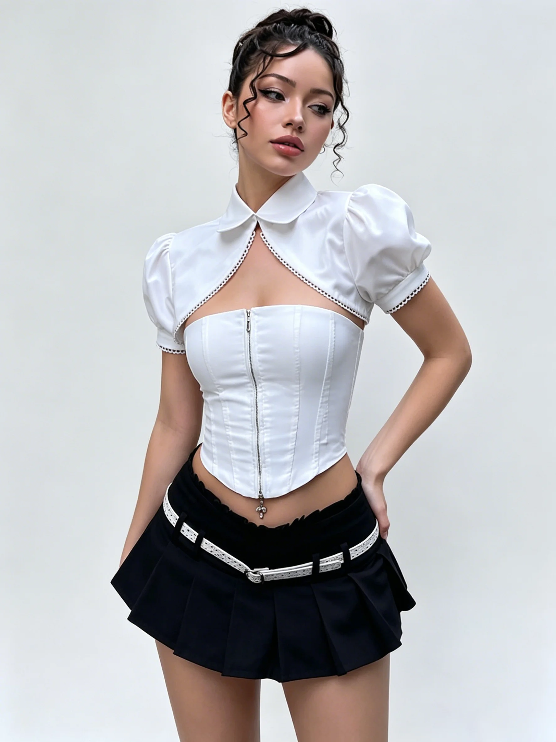 

LIMO Women Vintage Puff Sleeve Corset Top Hollow Out Peter Pan Collar Crop Top