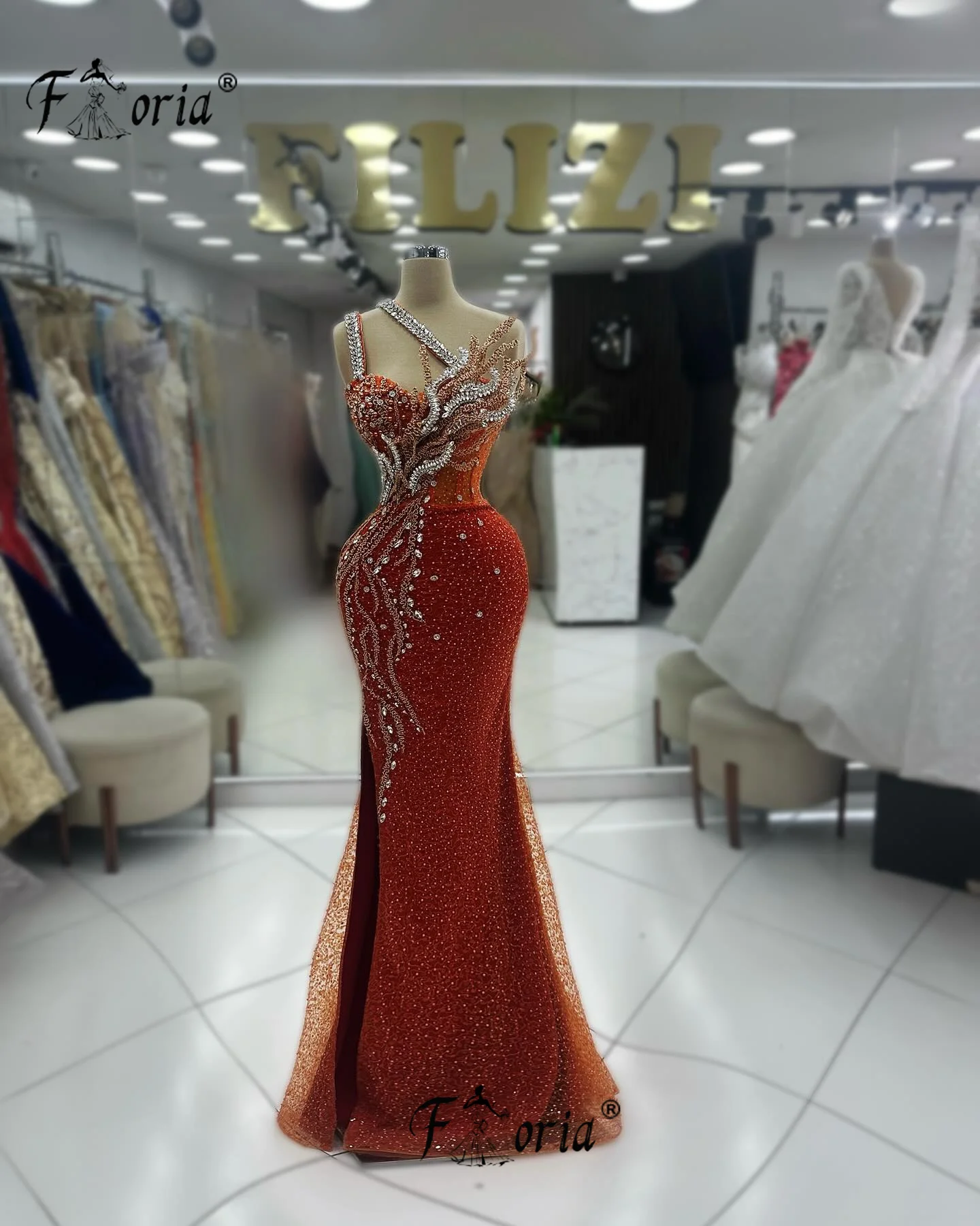 Orange Dubai gaun malam putri duyung mutiara manik-manik Kristal 3D applique gaun pesta Arab gaun Prom Formal Robe De Soiree 2024