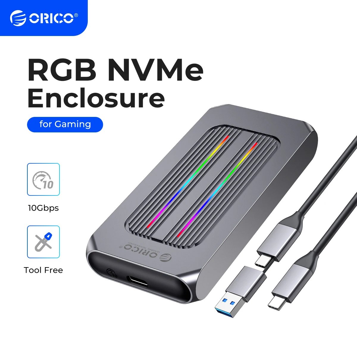 ORICO-Boîtier SSD RVB M.2, 10Gbps, M2 NVMe, tout en aluminium, USB 3.1, Gen2, Solid State Drive pour Gamer Video Edition