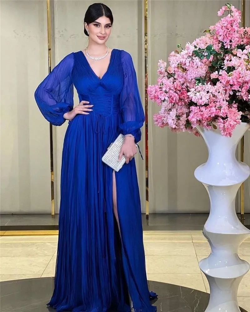 Fashionvane 2024Customized V Neck Evening Dresses Saudi Arabia Women Wear Long Sleeves Dubai Special Party Prom Gowns Side Slit