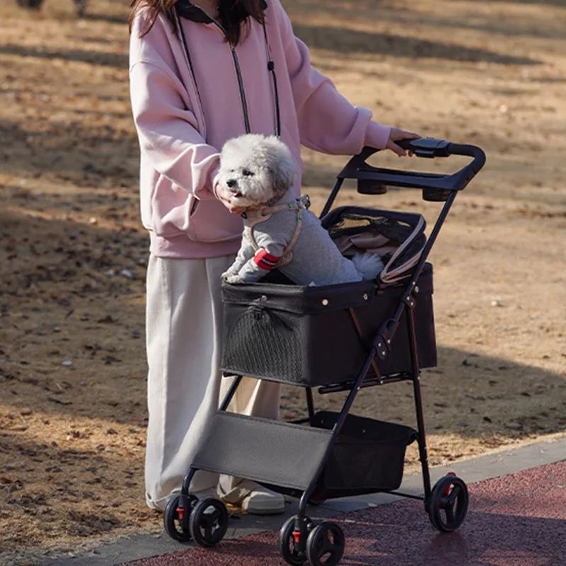 Pet Stroller Foldable Dog Walking Cat Stroller With Storage Basket Collapsible Puppy Jogging Pet Cart For Daily Pet Supplies
