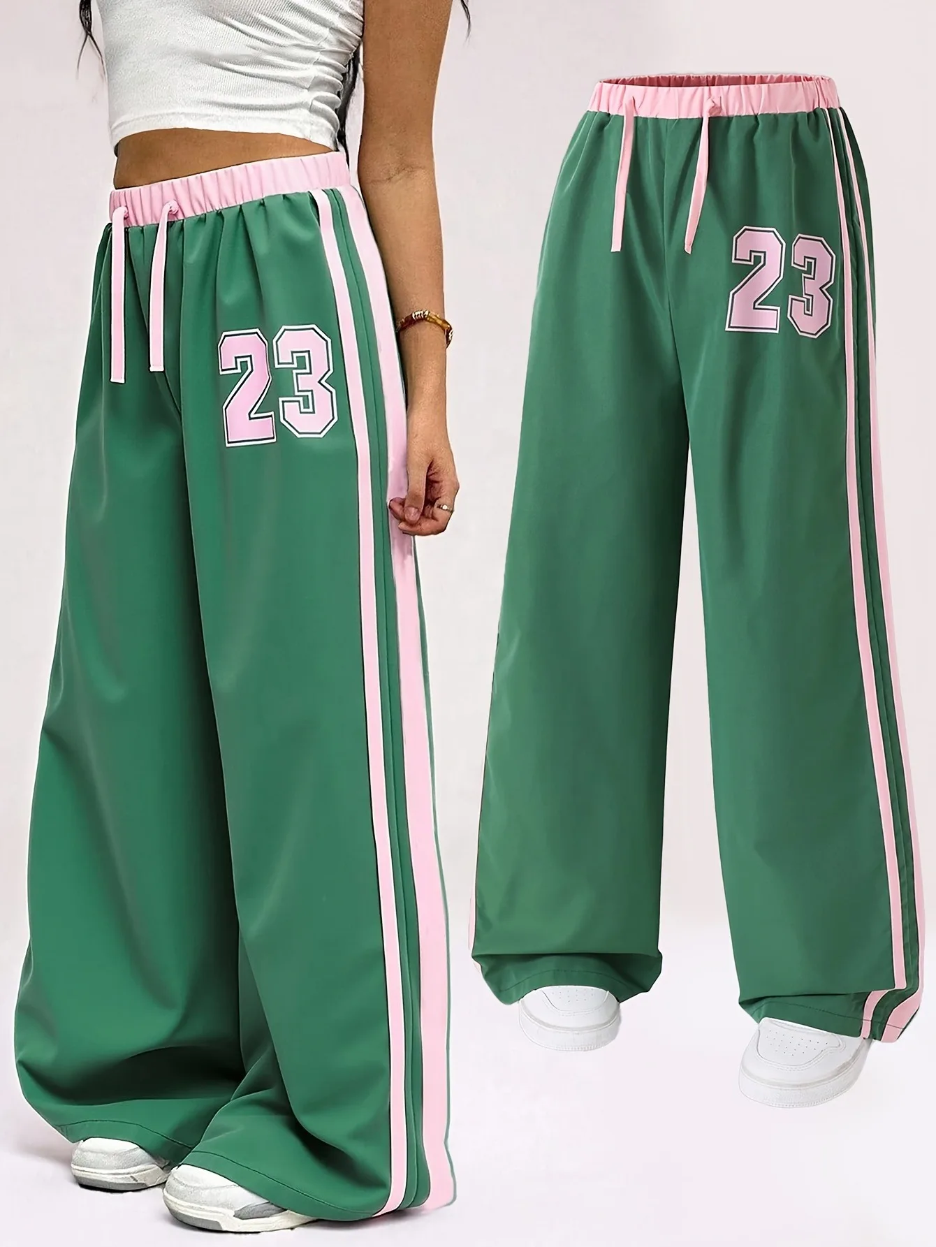 Girls 23 Number Striped Wide Leg Pants Contrast Color Drawstring Elastic Waist Trousers Streetwear Hip Hop Casual Sports Loose P