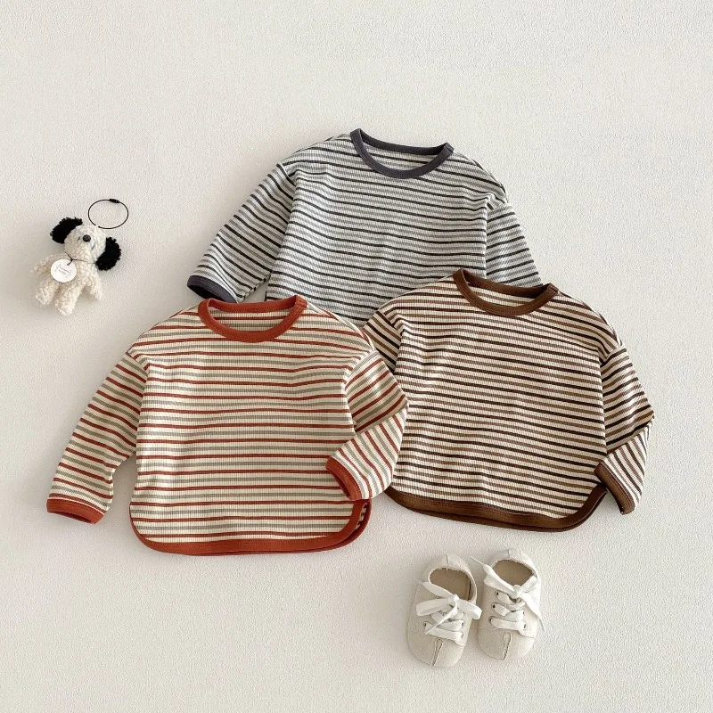 Kids Striped T-shirt 2026 New Spring Contrasting Color Tops for Boys Long Sleeve Girls Tees Toddler Blouse Baby Outfits Clothing