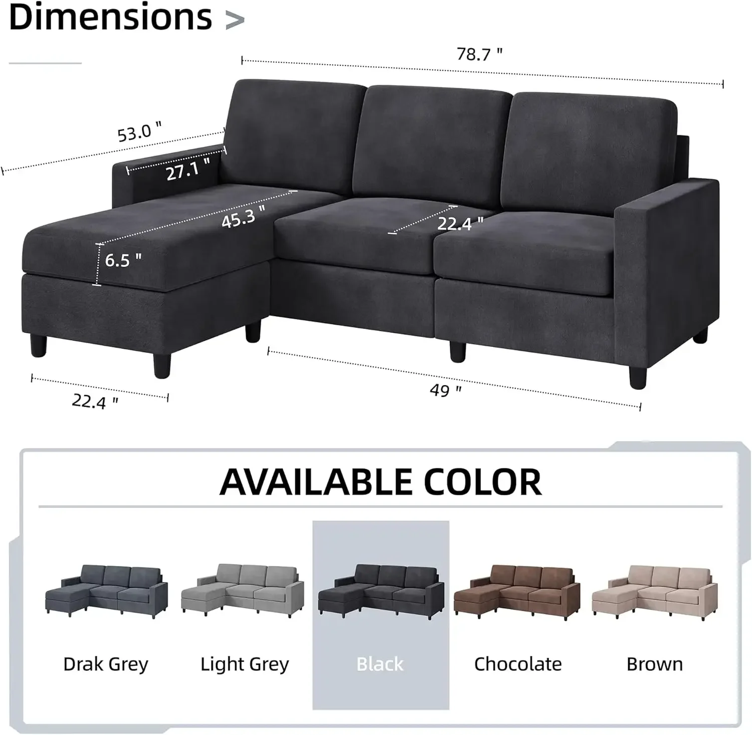 Convertible Sectional Sofa Couch, Modern Linen Fabric L-Shaped Couch 3-Seat Sofa Sectional with Reversible Chaise for