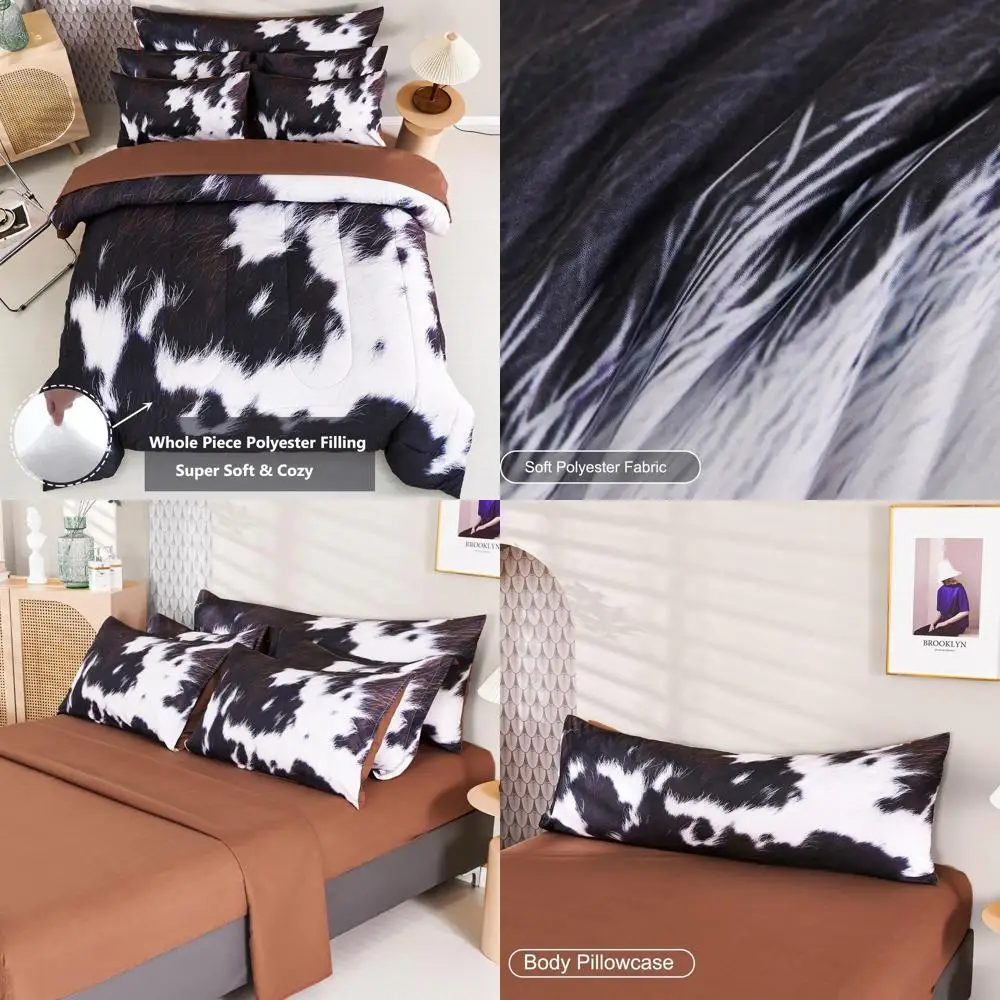 

California King Size Cow Print Bedding Set for Kids & Teens, Western Highland Cowhide Style Bed in a Bag