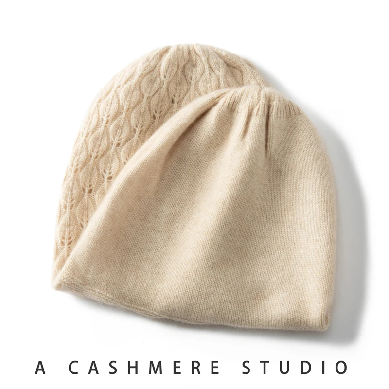 2-layer Seamless 100 Cashmere Jacquard Bead Hat Women's Winter Thick Knitted Casual Hat Solid Cashmere Cap For Women's