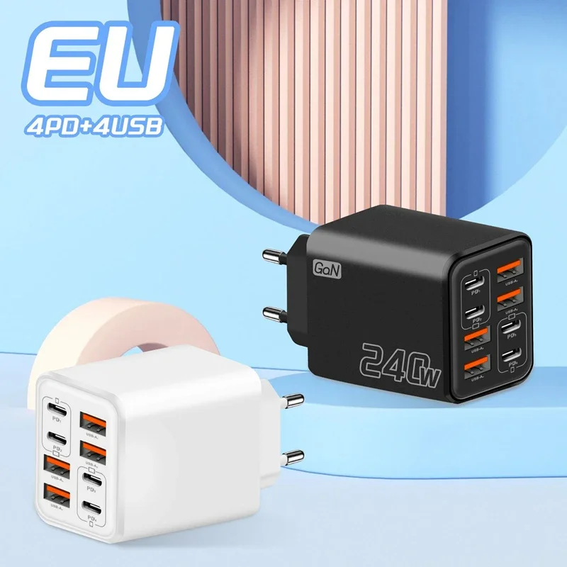 Lenovo 240W Multi-Port-Ladegerät mit PD-Schnellladung, 4 USB + 4 Typ-C-Ladestation für Smartphones, Universeller EU-US-UK-Stecker – Detail 3