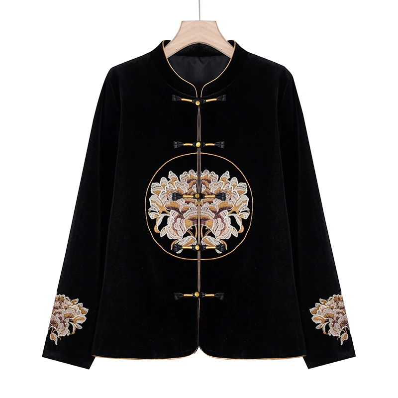 Women Retro Floral Coat 2025 Spring Elegant Stand Collar Gold Velvet Cardigan Female Chinese Traditional Embroidery Outwear