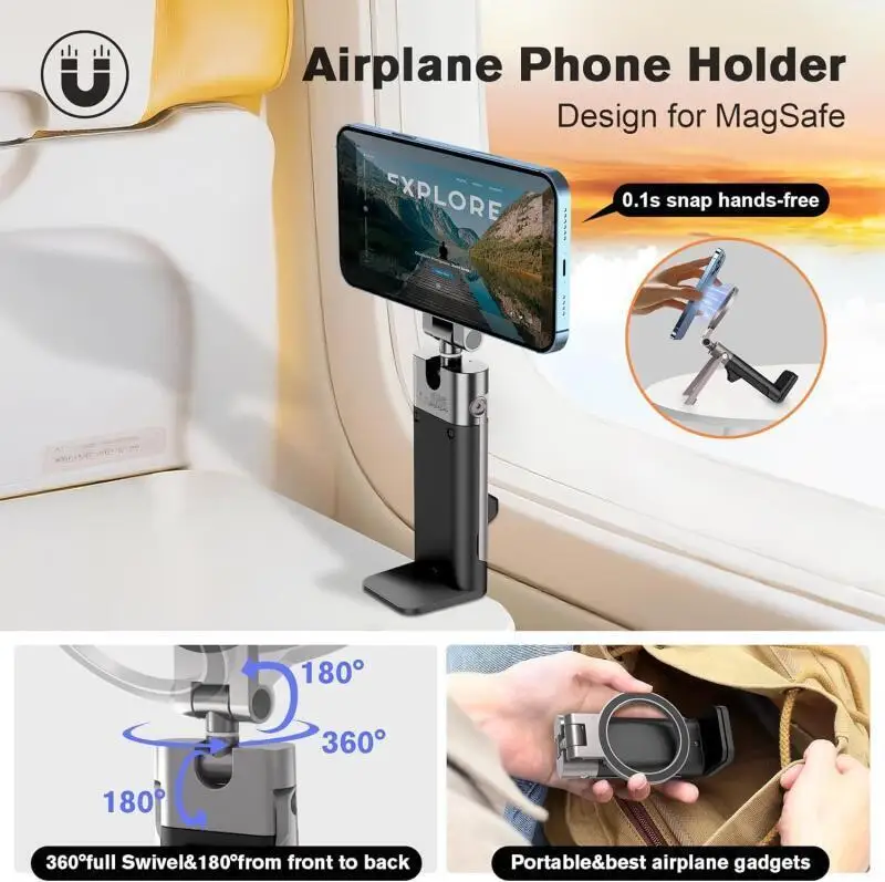 Soporte de teléfono con trípode plegable para Magsafe, soporte magnético ligero portátil para teléfono de avión, soporte giratorio para teléfono de viaje 360