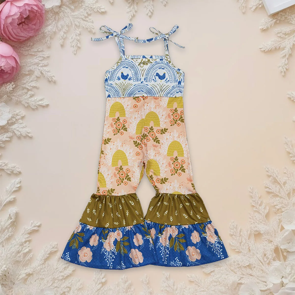 Toddler Baby Girl Strap Farm Chicks Flowers Bell Bottom Jumpsuit Children One-piece Kids Pants Infant Overalls Romper Wholesale