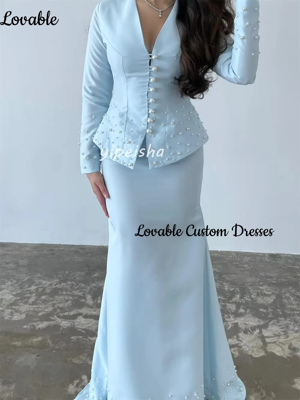 فسات Mohamed 1914 Hochzeitskleid anpassen, V-Ausschnitt, Reißverschluss, formelle Anlässe, bodenlang, Meerjungfrau, lange Ärmel, Partykleider