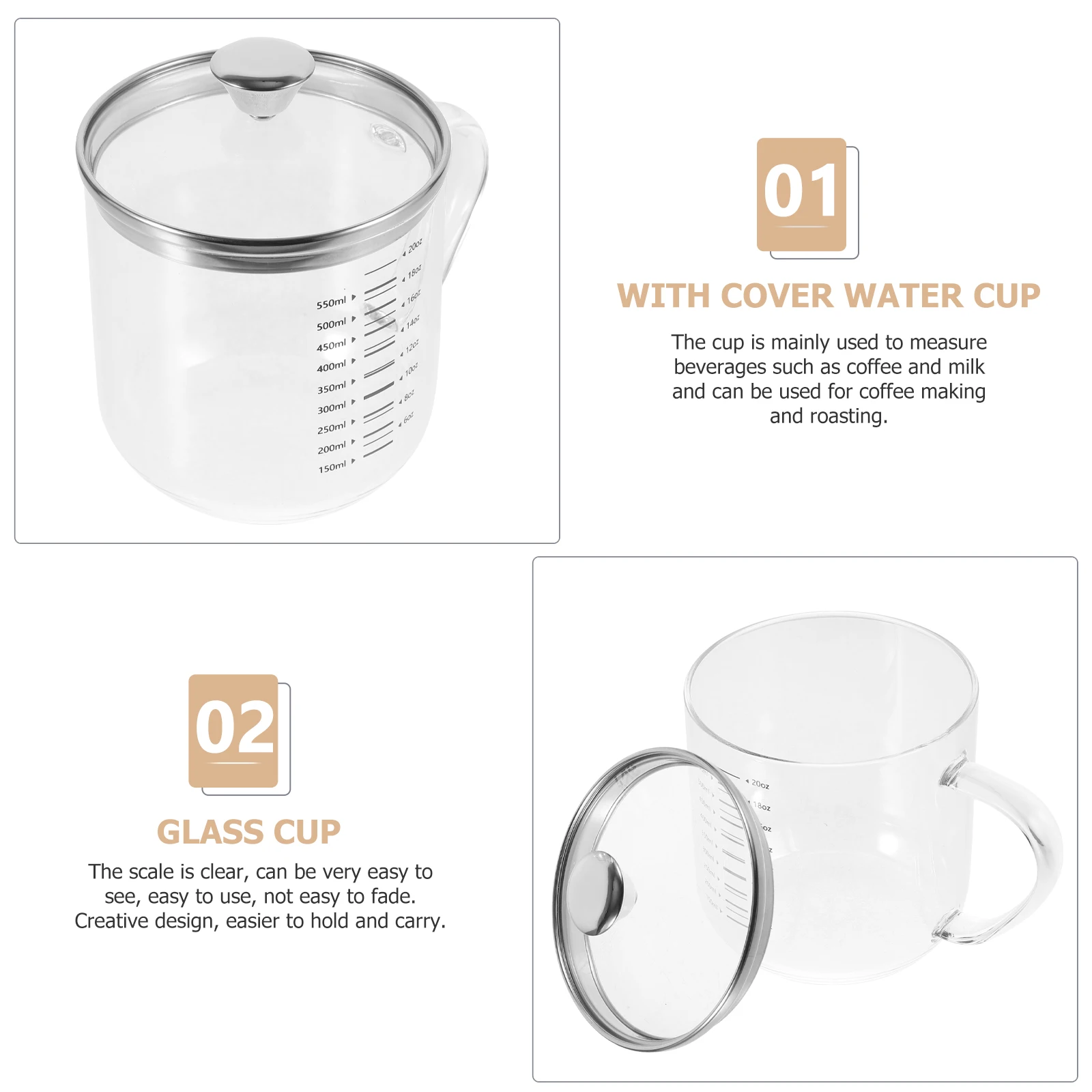 

Glass Measuring Cup with Lid Clear Scale for Coffee Milk Baking Household Use Easy Clean Multi Function Glassware