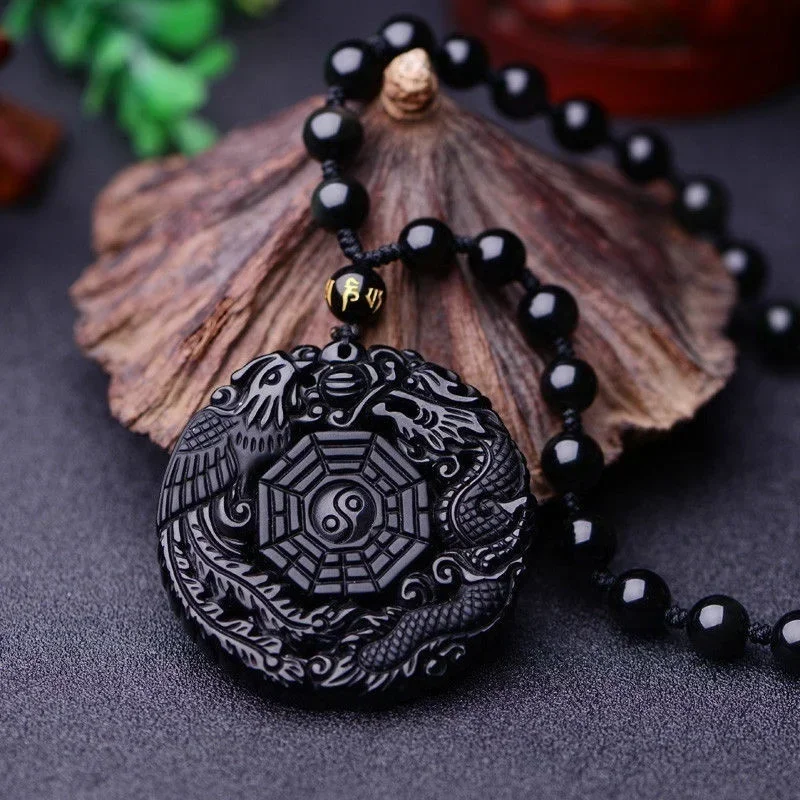 Natural Black Obsidian Dragon Phoenix Pendant Beads Necklace Fashion Charm Jewellery Hand-Carved Amulet Gifts for Her Women Men