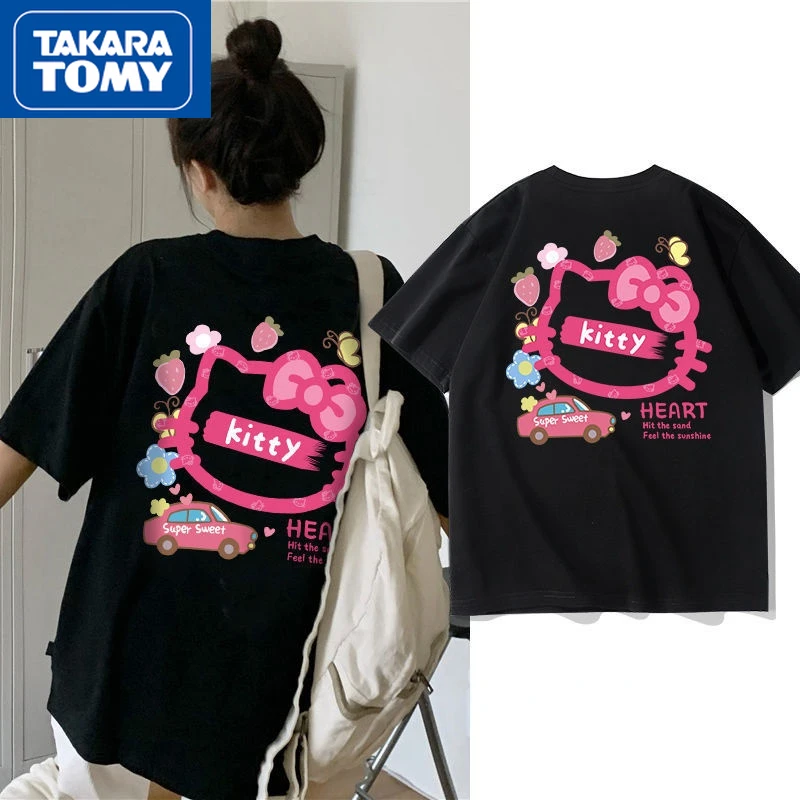 

Летняя крутая Студенческая хлопковая свободная дышащая футболка TAKARA TOMY Hello Kitty с коротким рукавом Мягкие парные Топы большого размера