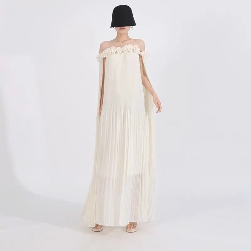 

Сексуальное женское платье с одним открытым плечом, 3D-цветами, плиссировкой, эффектом снежинок, длинное, из полиэстера