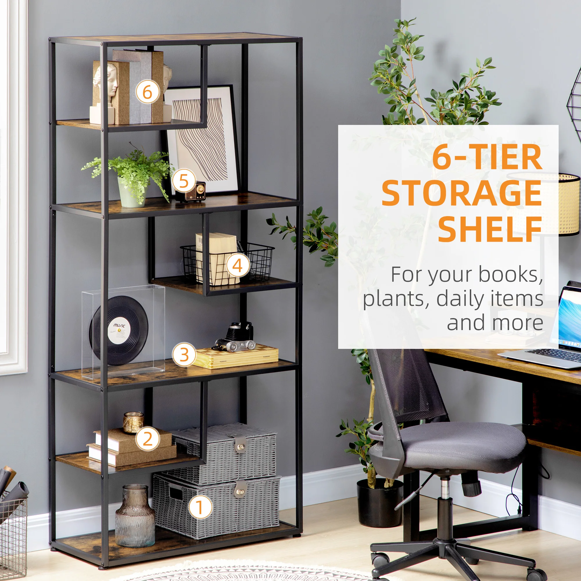 HOMCOM 6 Tier Storage Shelves, Free Standing Book Shelf for Study, Living Room