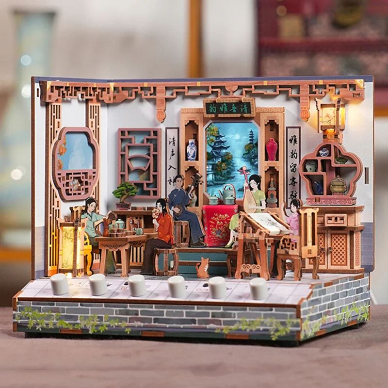 DIY 3D Wooden Puzzle Suzhou Opera Cottage Miniature Model Kits with Music Sound Casa Jigsaw Puzzles for Friends Birthday Gifts