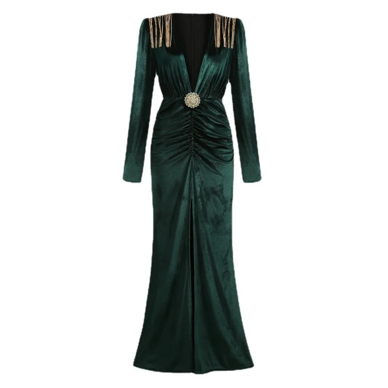 Autumn Foreign Trade European and American Women's Clothing DeepVelvet Long Dress French High-End Temperament