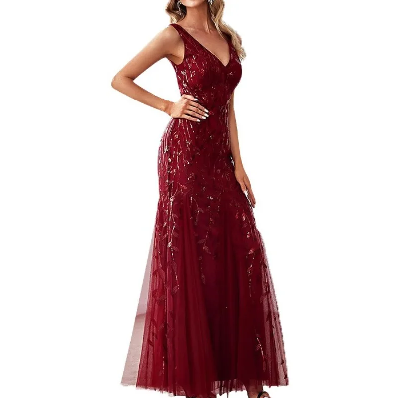

2025 New Sexy Women Mesh Fishtail Evening Dresses Embroidery Sleeveless V Neck Wedding Beaded Long Evening Dress Slit Woman Gown