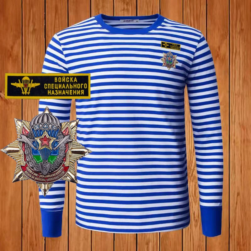 Russian Airborne Troops Badge VDV Paratrooper Stripes T-Shirt Polyester Cotton Long Sleeve Sailor Striped Shirt Telnyashka Tops