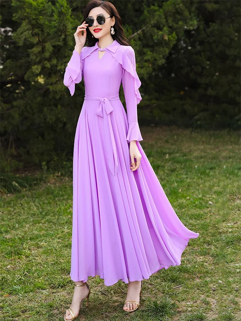 Women Dress Summer Autumn Spring New Purple Long Sleeve Chiffon Beach Casual Elegant Dress Long vestido de mujer
