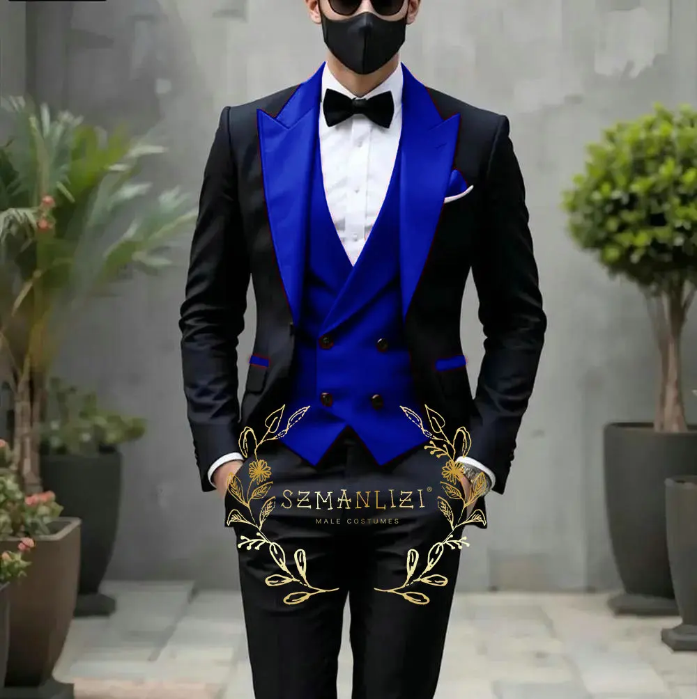 Groom Wedding Tuxedos 3-piece Suit Men's Black Suit Jacket Pants Vest Formal Red Peak Lapel Blazer Sets Slim Fit Outfit