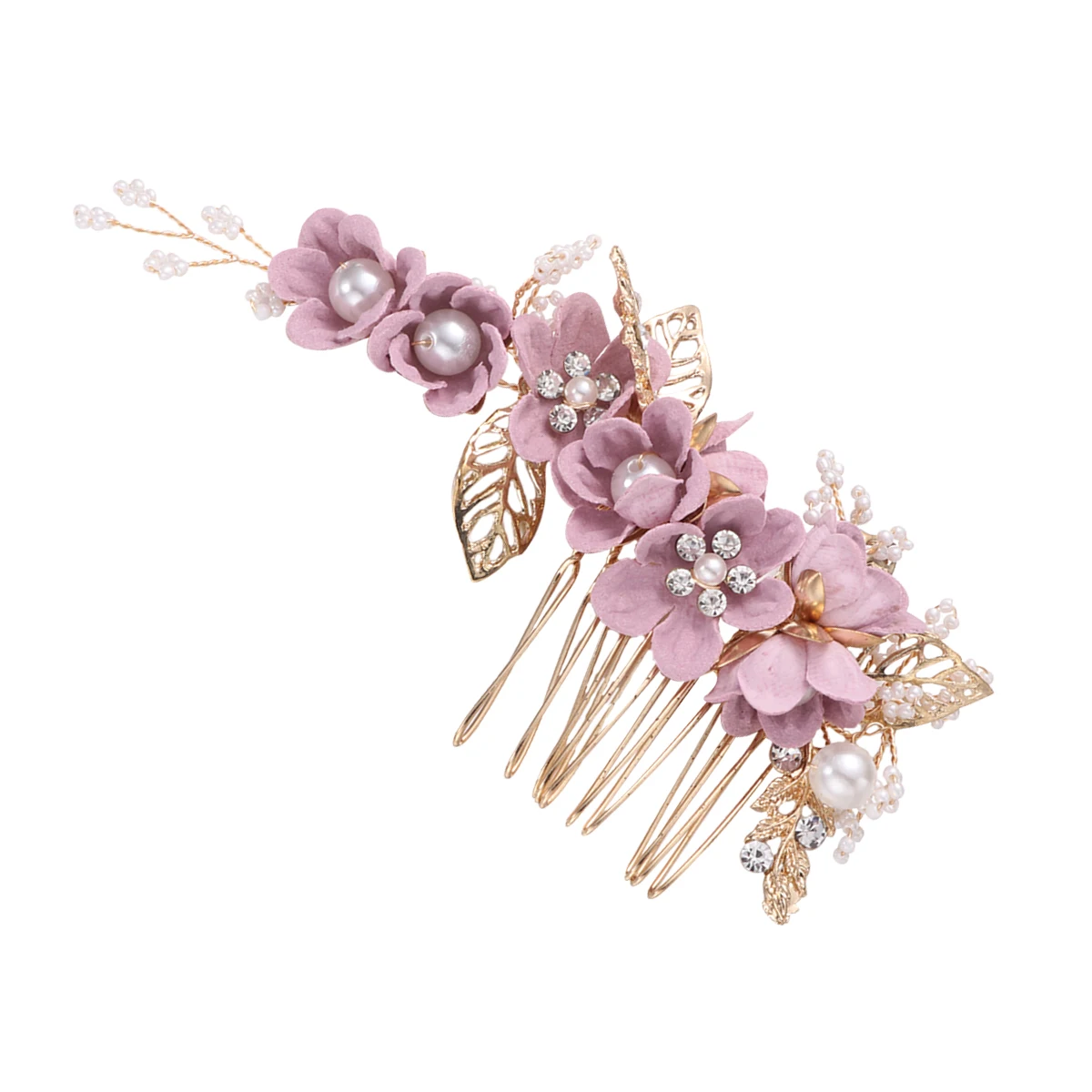 

Wedding Hair Comb Metal Leaf Cloth Flower Beads Rhinestone Inlaid Bridal Accessory Pearl Decorated Elegant Prom Party Use Purple