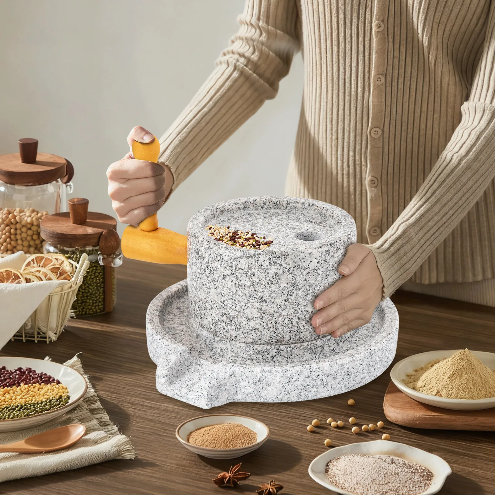 

Grain Mill Stone Mill Hand Crank Manual Grinder 20cm/30cm Granite Millstones for Wheat Flour Corn Coffee, Wooden Handle, Durable