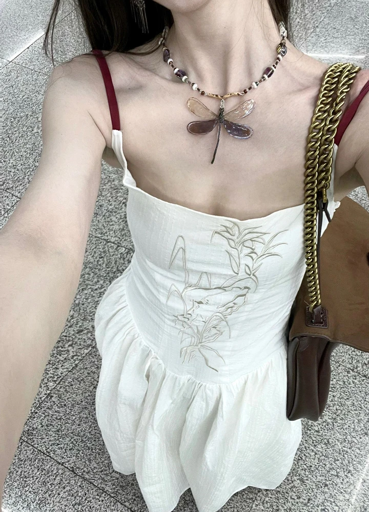 

Dress women's pure cotton white spring and summer new new Chinese embroidery long backless waist thin suspender skirt fashion