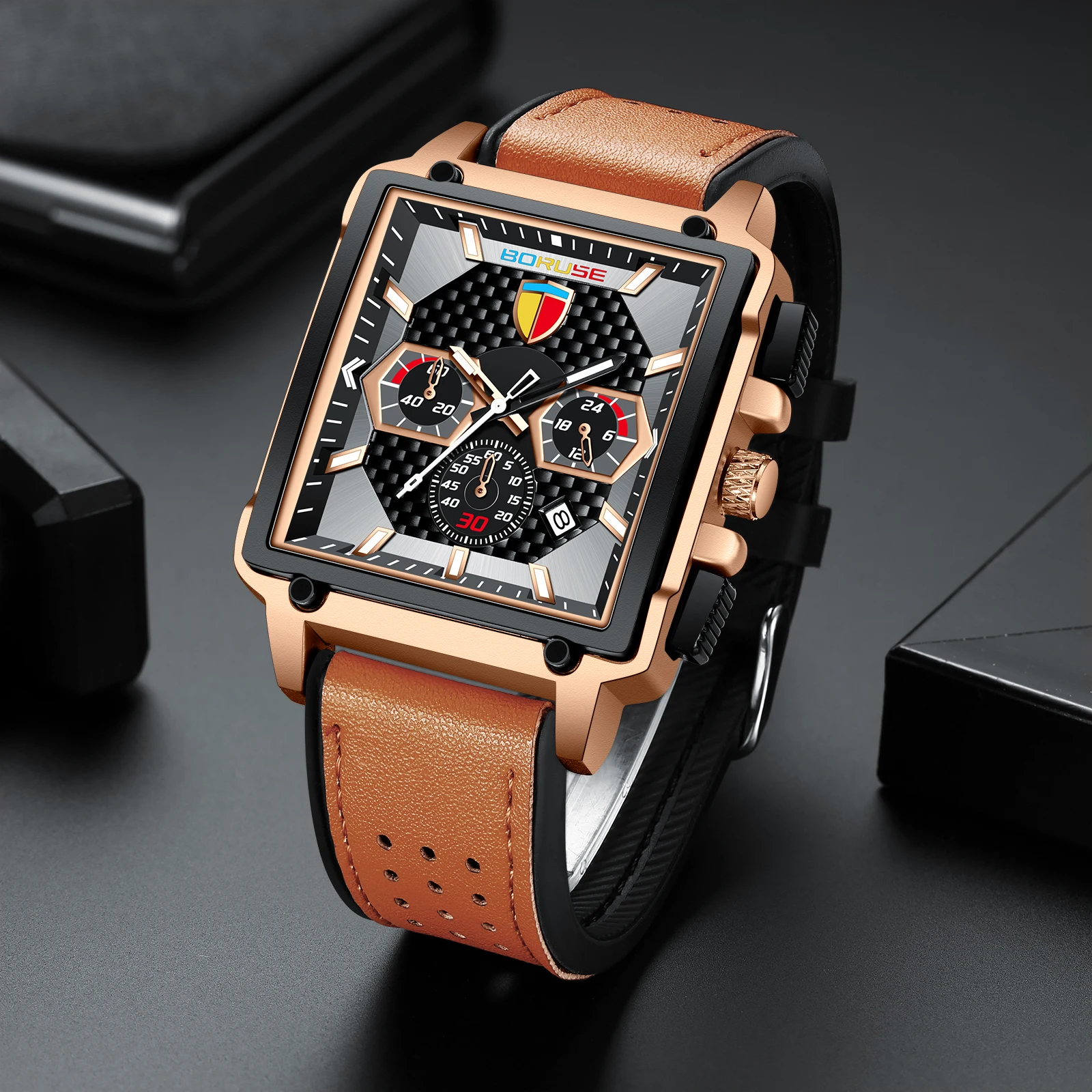 BORUSE Brand Watches for Man Male Brown Leather Fashion Business Watches Design Square Casual Vintage With Gift box