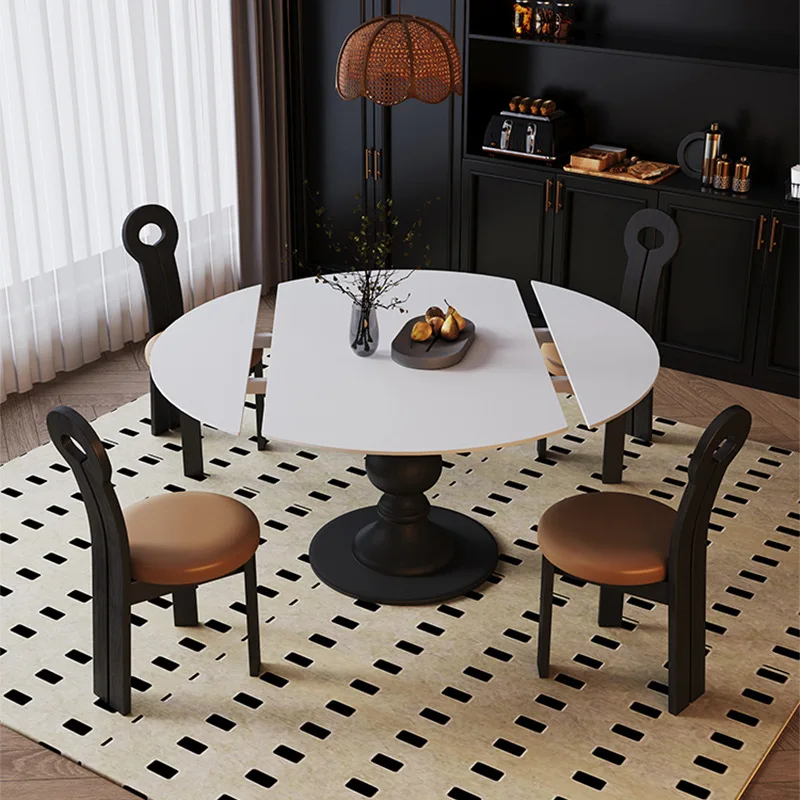 French solid wood rotating round dining table retro black round dining table small apartment simple designer retractable